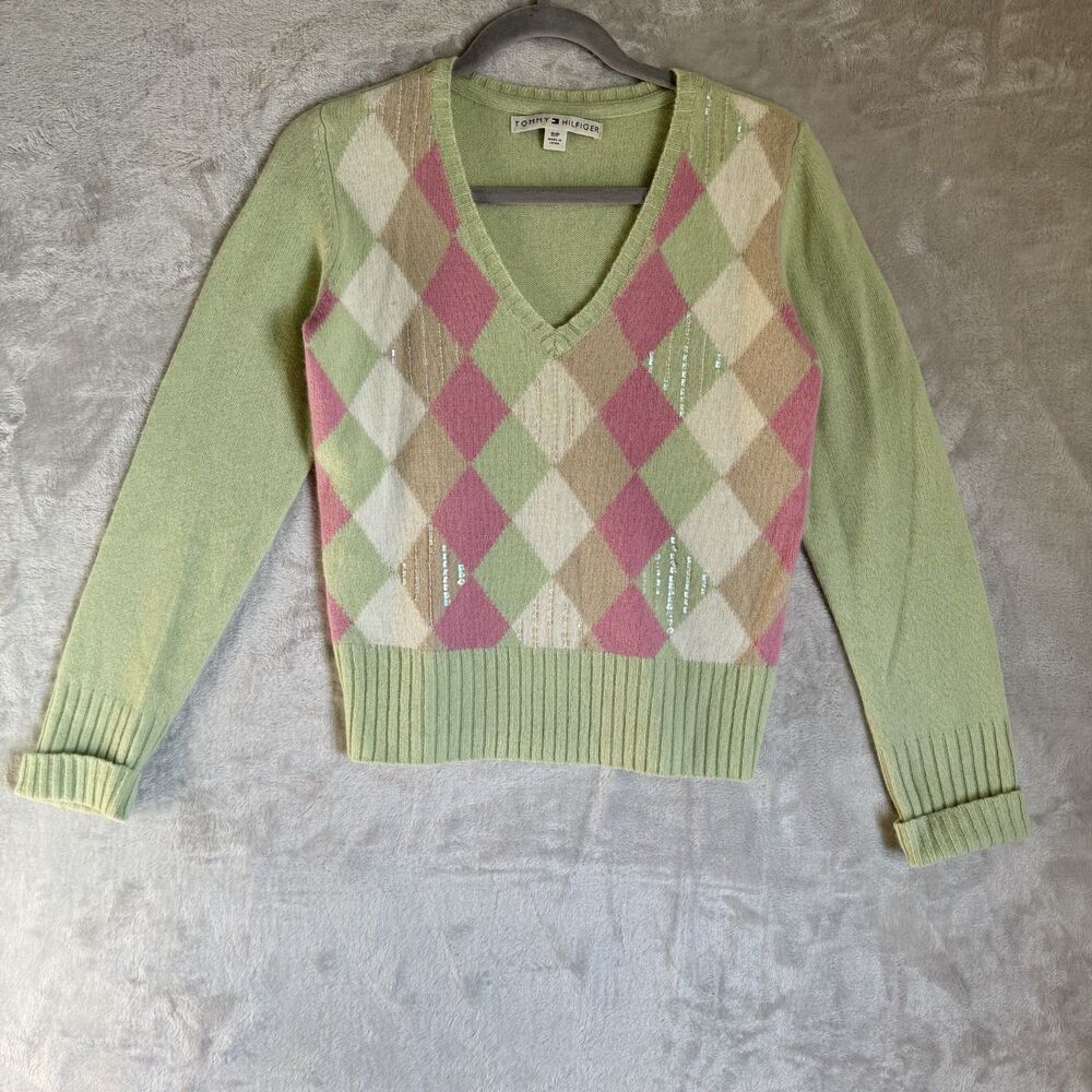 Y2K Sweater Diamond Womens Small Lambswool Angora Pastel Preppy Sequin Fairy